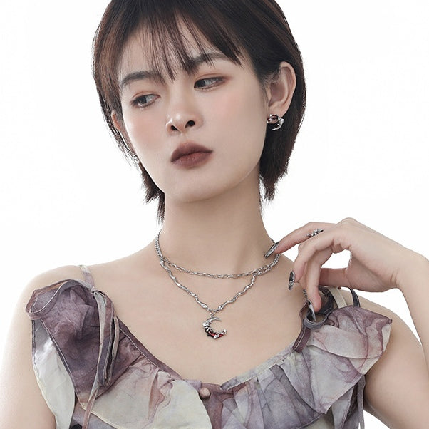 Gothic Stil Mädchen Rot Mond Leuchtenden Stern Doppel Schichten Halskette