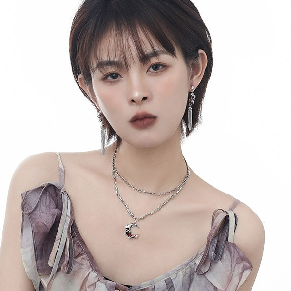 Gothic Stil Mädchen Rot Mond Leuchtenden Stern Doppel Schichten Halskette