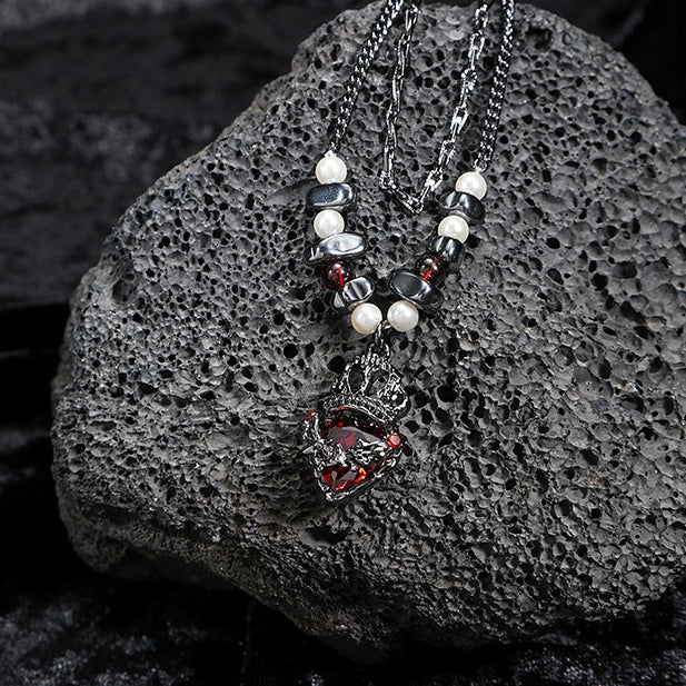 Gothic Girl - Doppelreihige Halskette mit schwarzer Krone und Herz