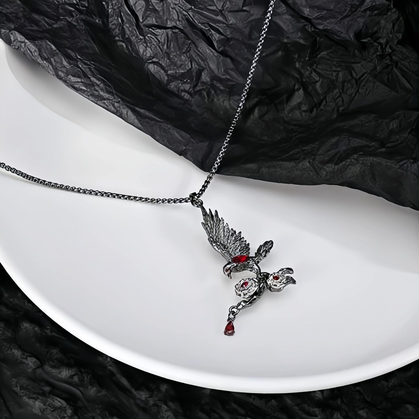 Dark Gothic Raven Rose Necklace