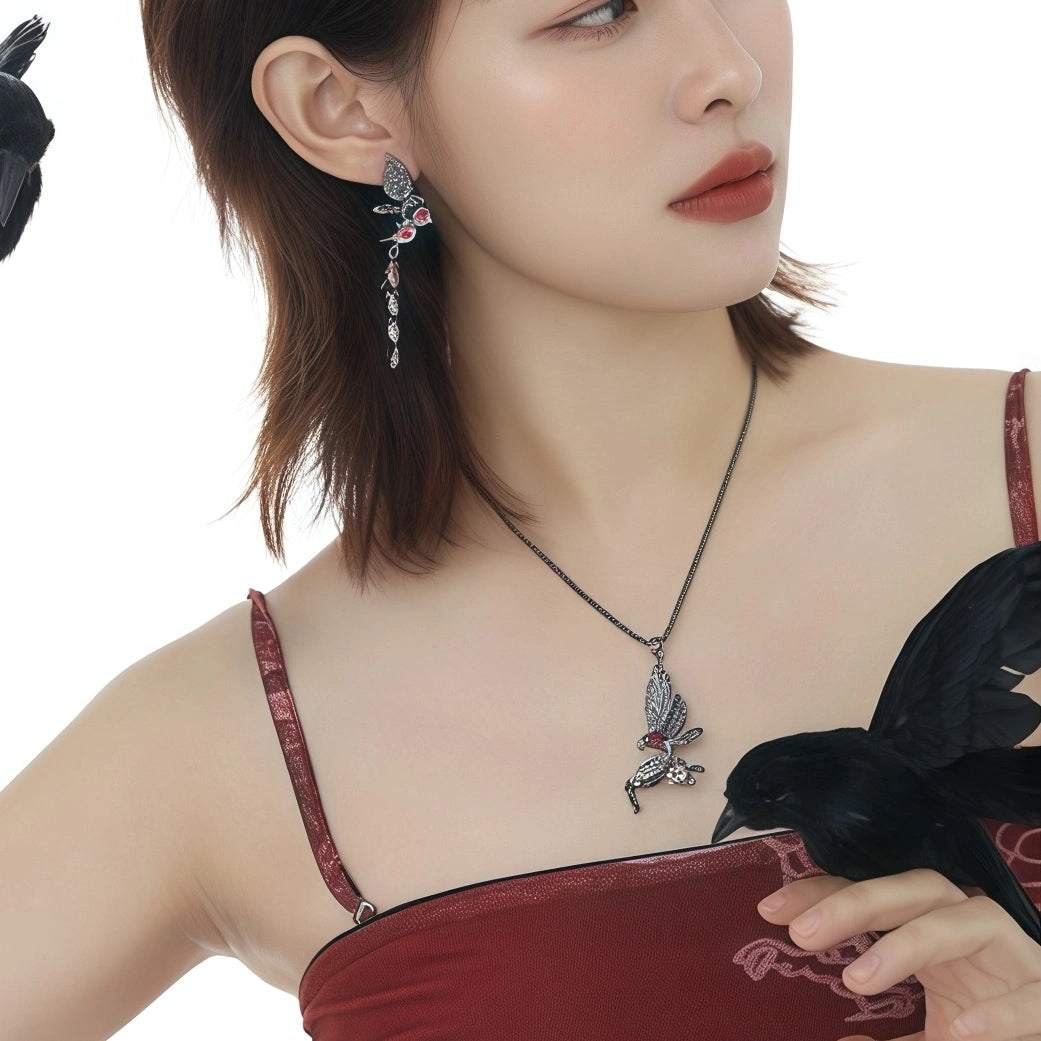 Dark Gothic Raven Rose Necklace