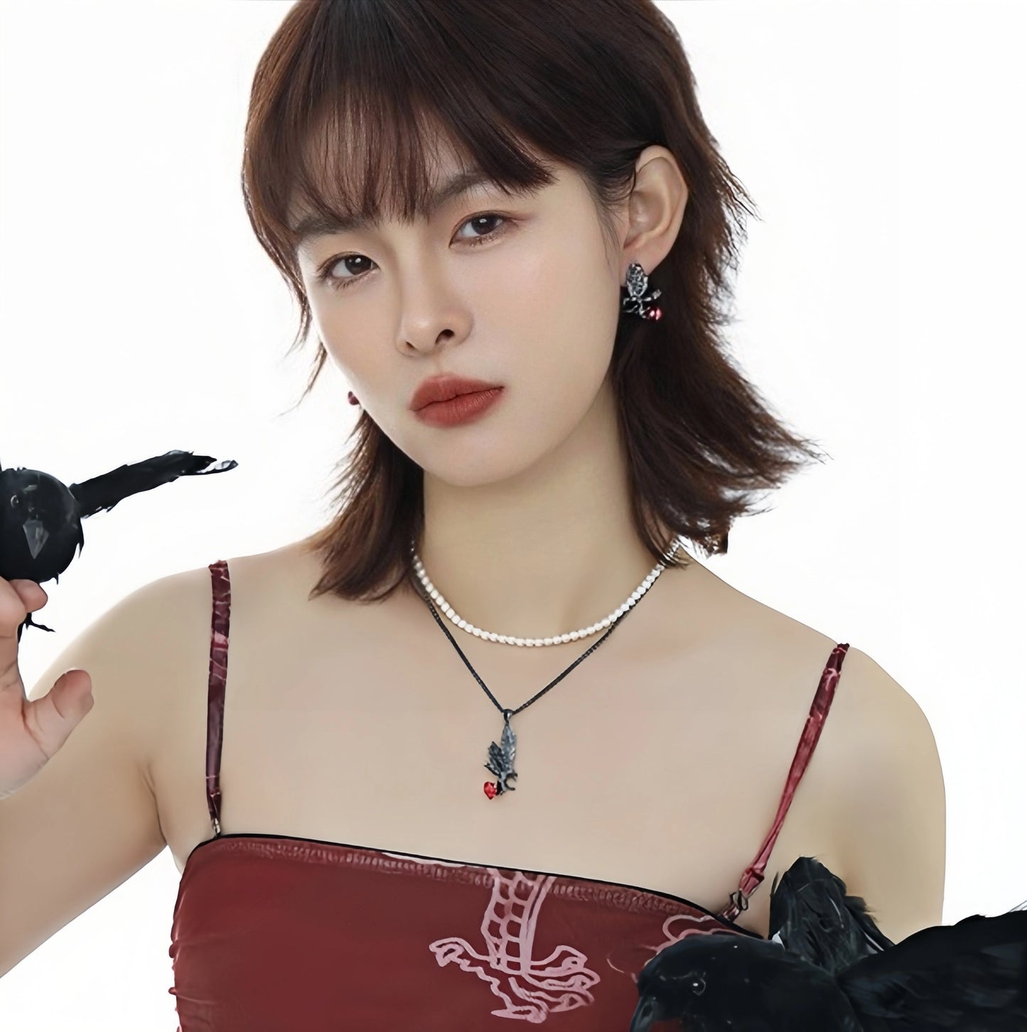 Elegant Gothic Raven Rose Pearl Beads Double Layer Necklace