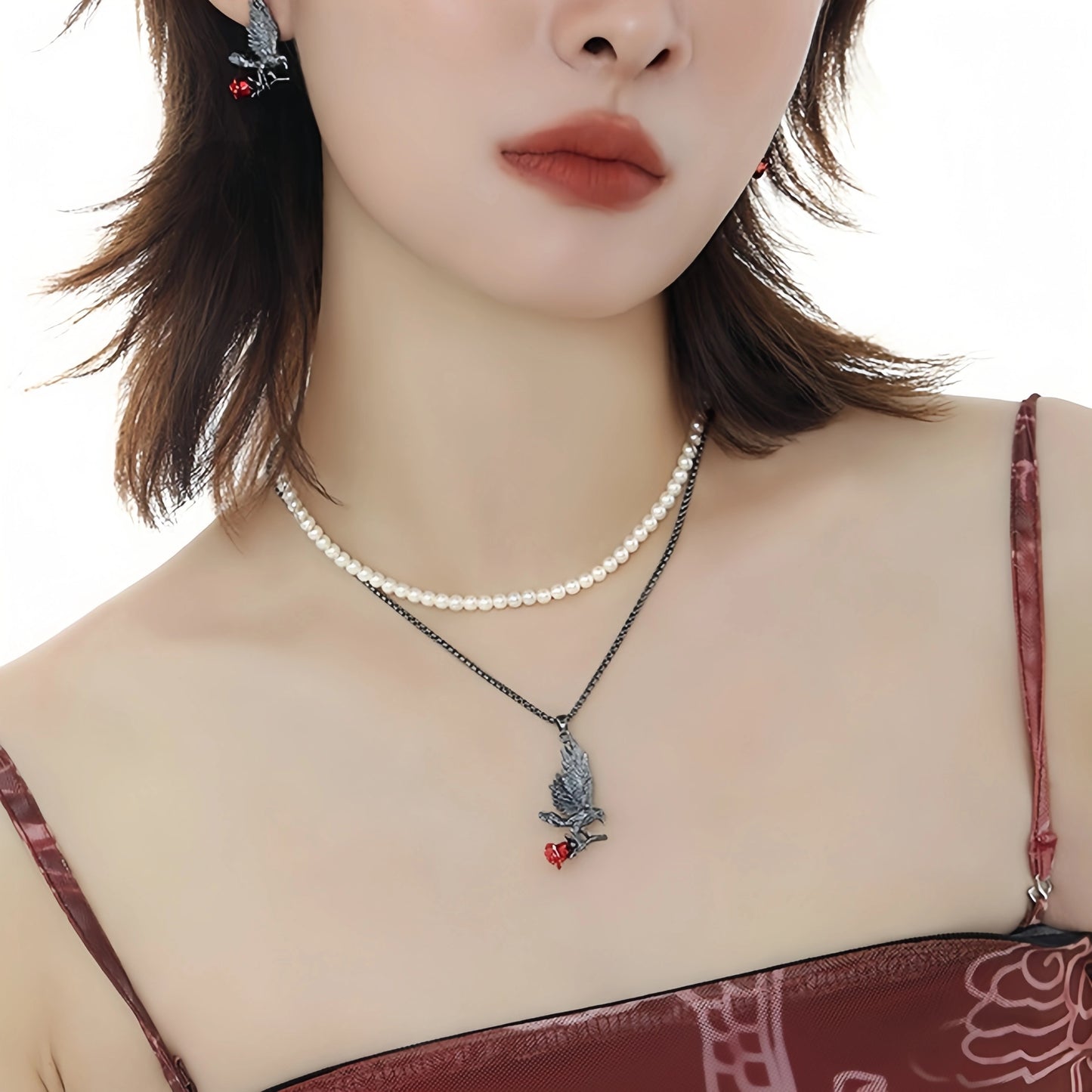 Elegant Gothic Raven Rose Pearl Beads Double Layer Necklace