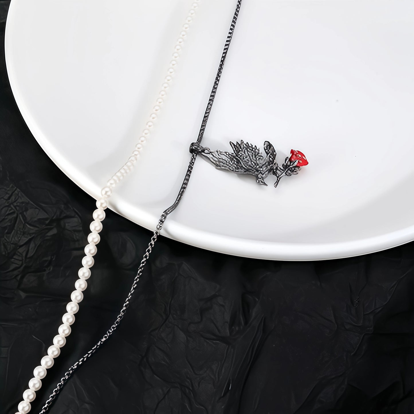 Elegant Gothic Raven Rose Pearl Beads Double Layer Necklace