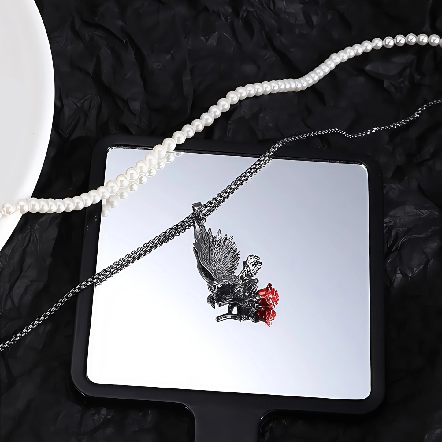 Elegant Gothic Raven Rose Pearl Beads Double Layer Necklace