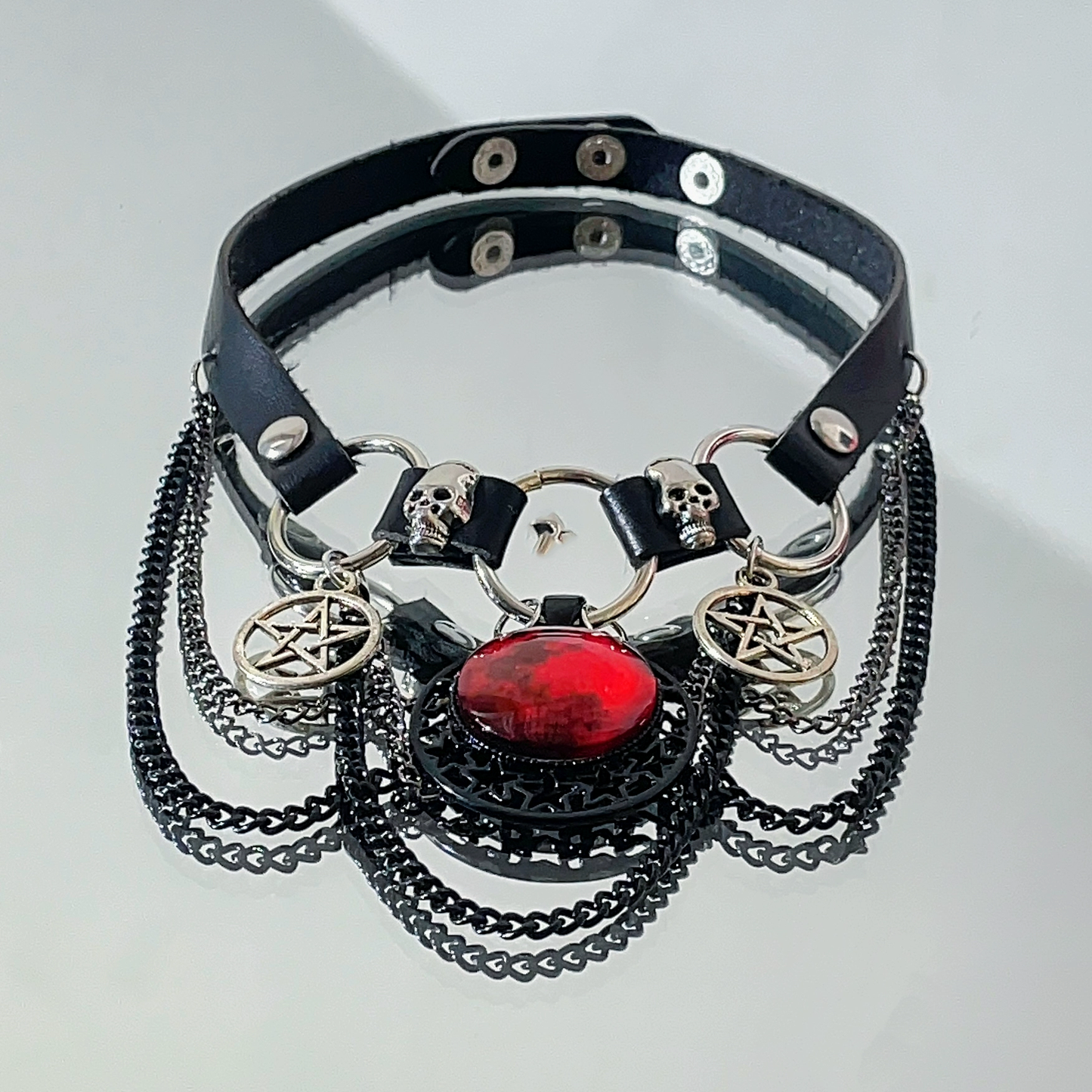 Gothic Dark Skull Rot Mond Stern Quaste Leder Choker