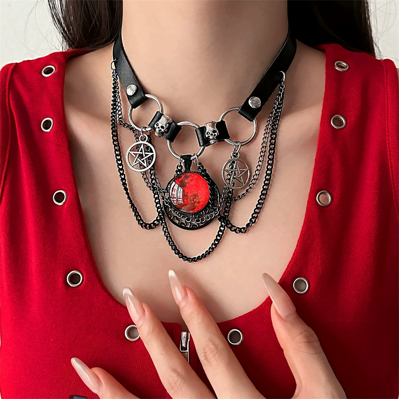 Gothic Dark Skull Rot Mond Stern Quaste Leder Choker