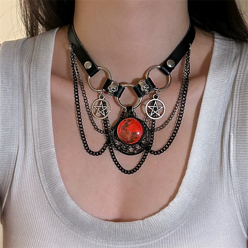 Gothic Dark Skull Rot Mond Stern Quaste Leder Choker
