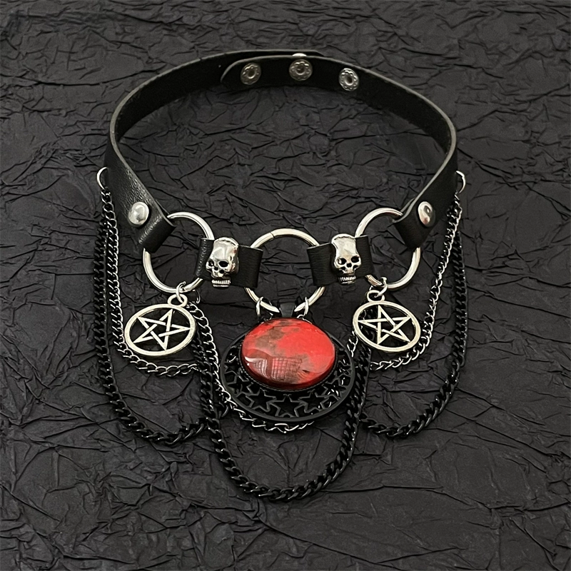Gothic Dark Skull Rot Mond Stern Quaste Leder Choker
