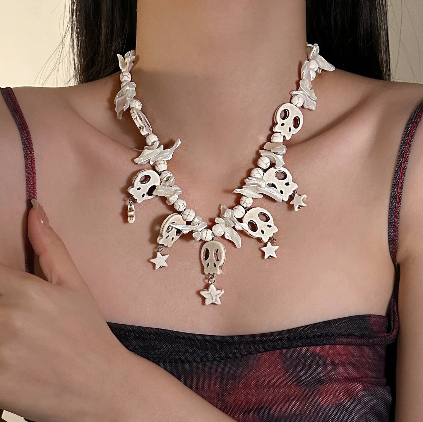 Gothic Unisex Weißer Totenkopf Stern Choker Halskette
