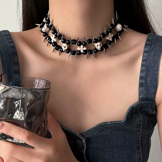 Gothic Totenkopf Nieten Schwarze Perlen Choker