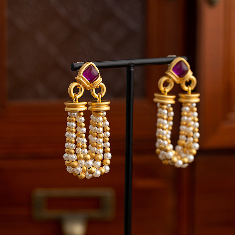 Vintage Women 18K Gold-Plated Beaded Tassel Earring