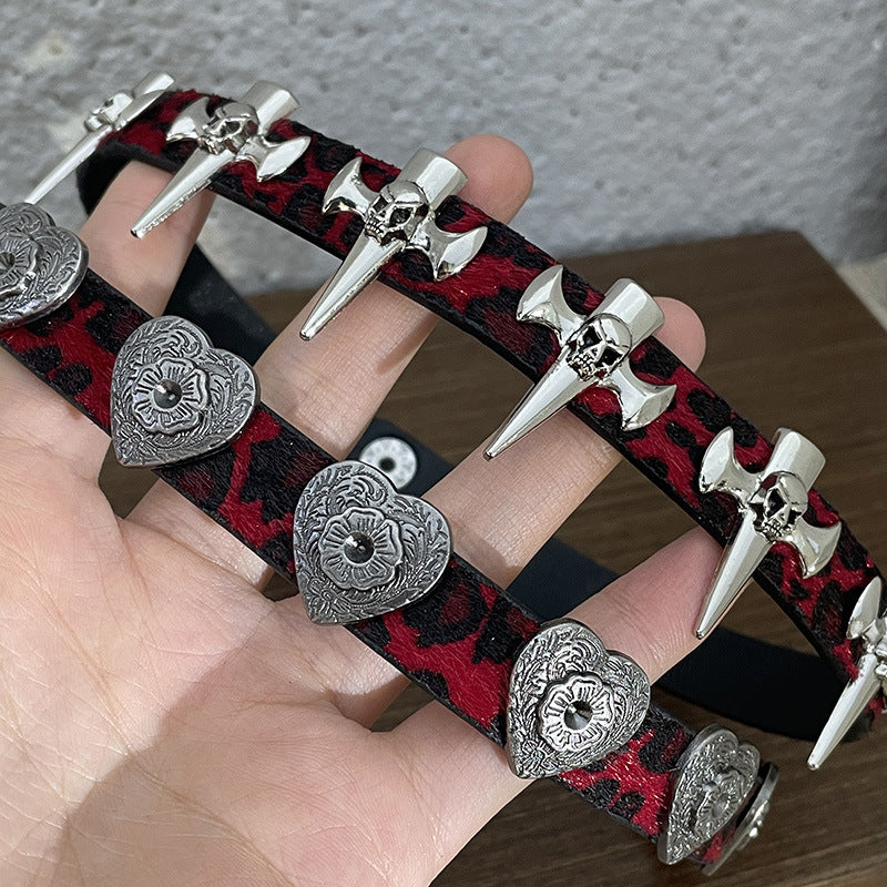 Punk Gothic Weinrot Leopardenmuster Herz/Kreuz Choker Halskette