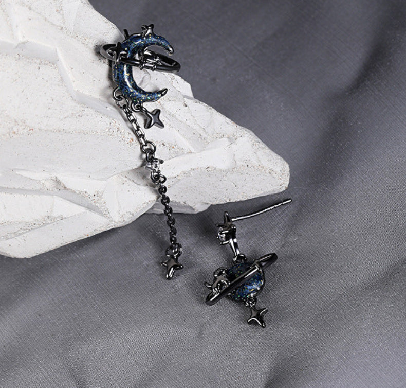 Goth Dark Sweet & Cool Star & Moon Asymmetric Stud Earrings