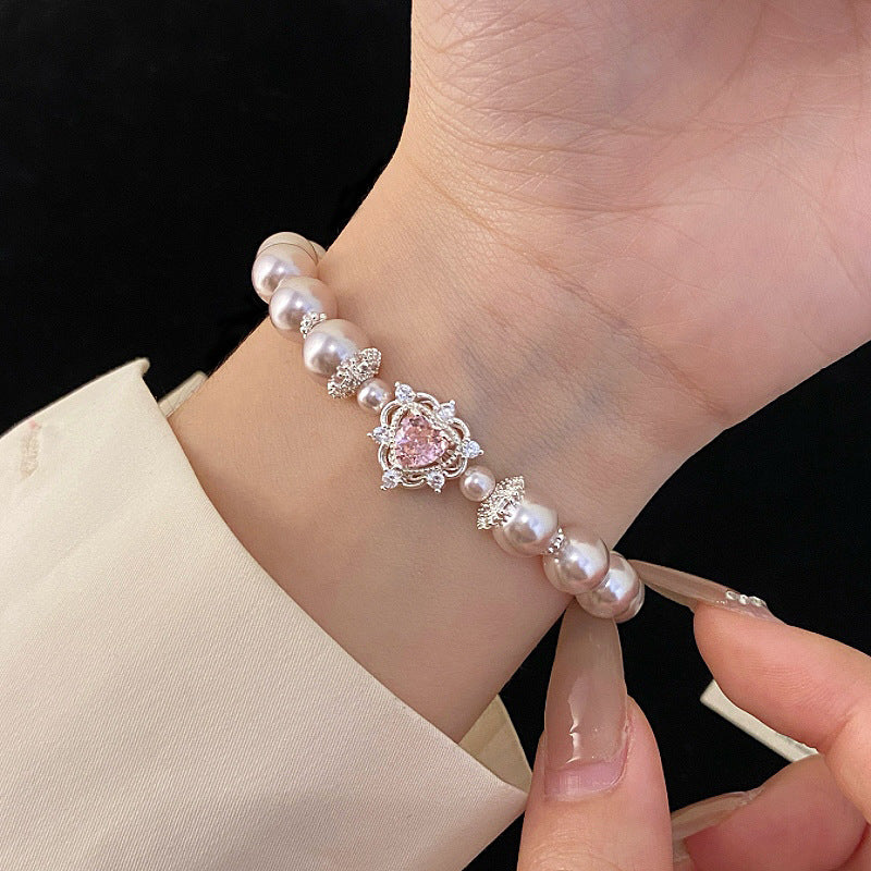 Sweet Heart & Rose Zircon Pearl Bracelet