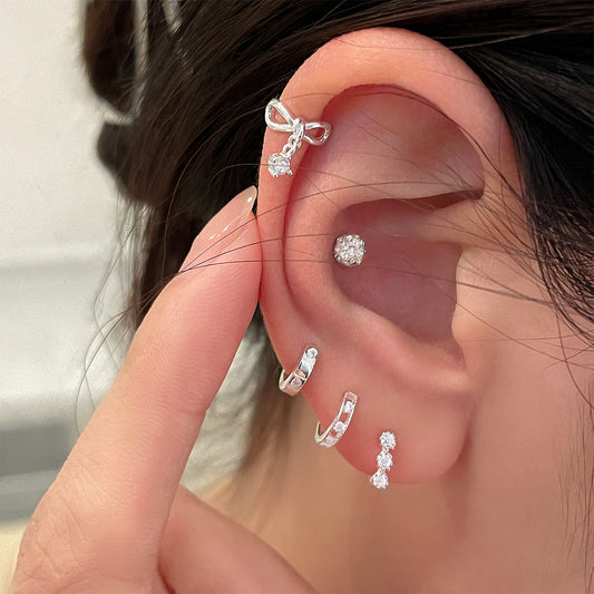 Y2k Style S999 Silver Bow Smile Zircon Earrings
