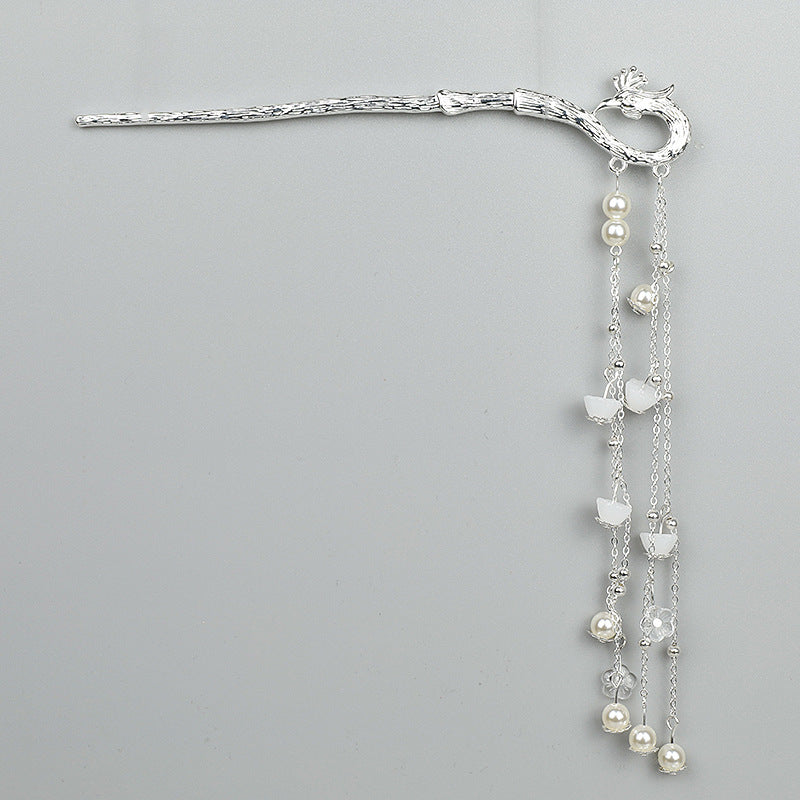 Ausgefallene silberne Haarnadel mit Phönix-Quaste für Damen