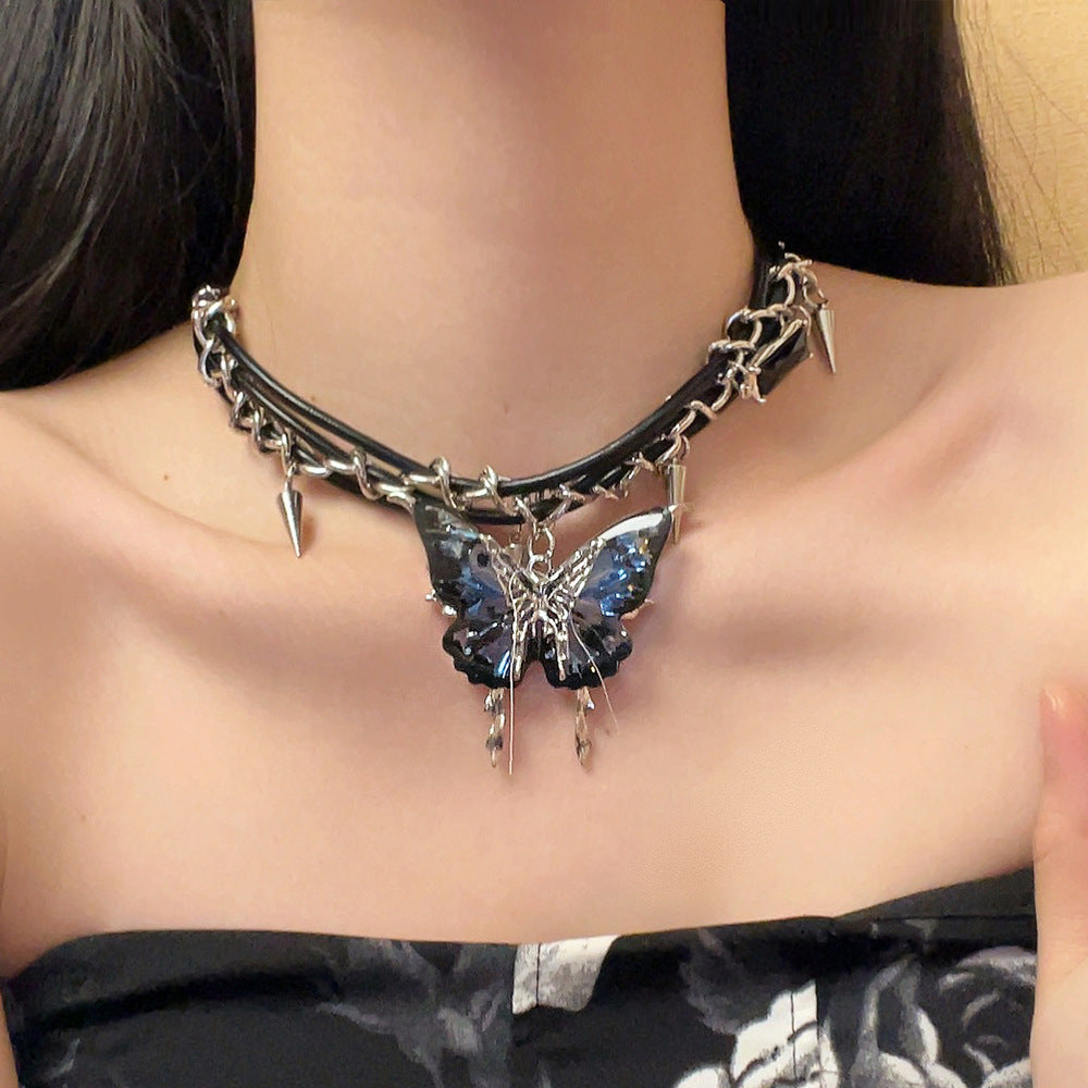 Y2K Chic Dark Butterfly Rivet Choker Necklace