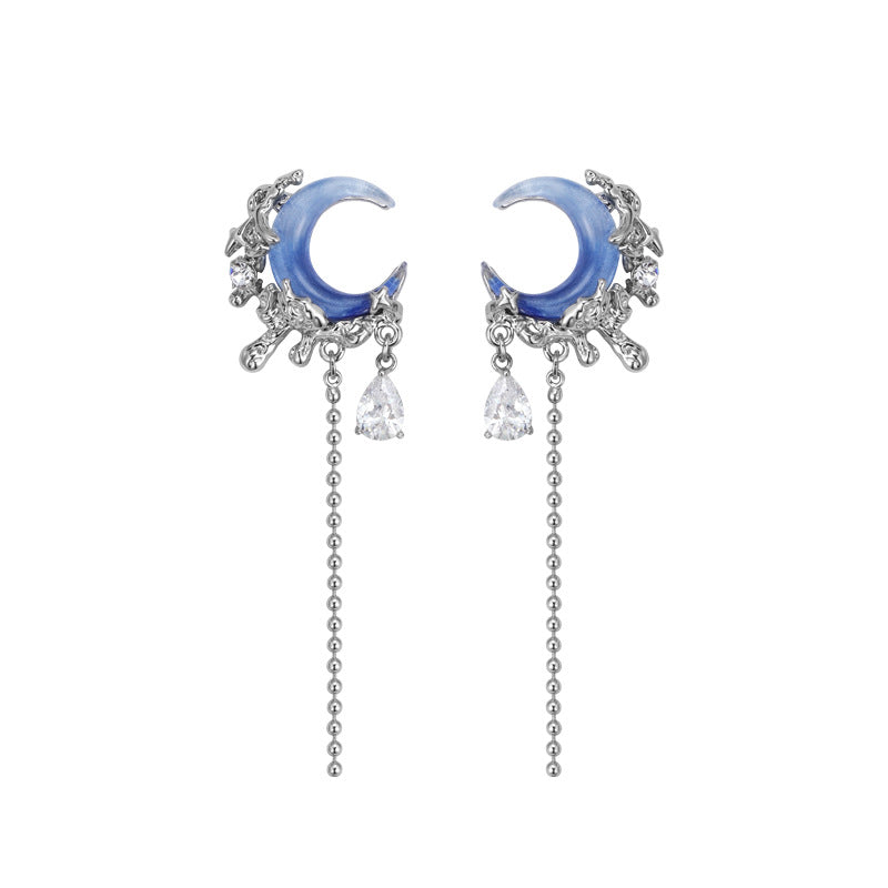 Y2K Blue Moon Rhinestone Tassel Earrings