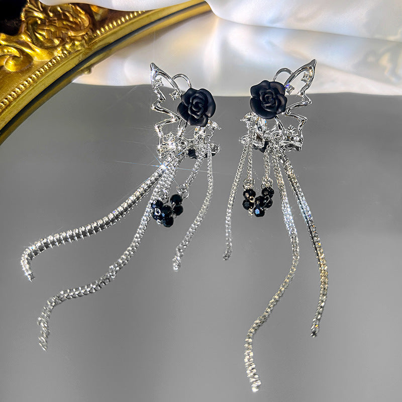 Gothic Butterfly Black Rose Tassel Ear Cuff