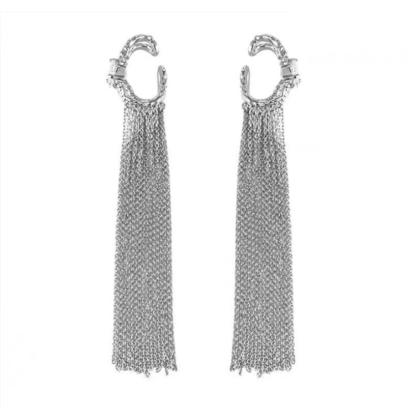 Silberne Ohrmanschette mit langer Quaste und Strasssteinen für Damen (kein Ohrlochstechen)