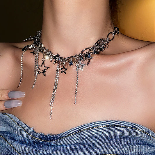 Y2K Mädchen Halskette mit Diamant-Stern-Ausschnitt und Paillettenquaste