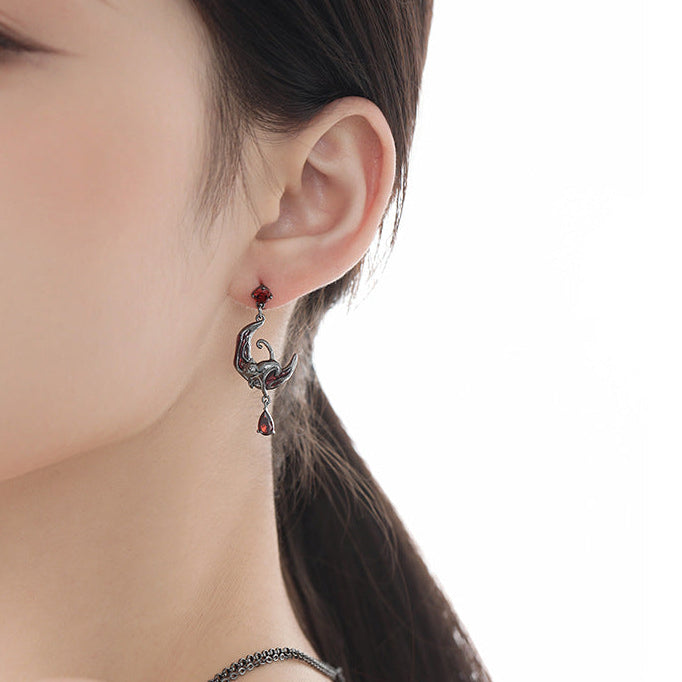 Boucles d'oreilles clous chat gothique Y2K et lune rouge