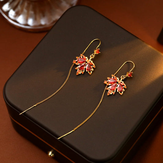 Red Zircon Maple Leaf Tassel Earrings for Kazuha
