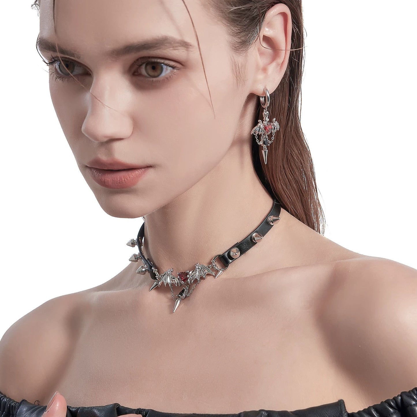 Gothic Bat Rhinestone Heart Hoop Earrings