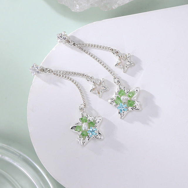 Designer Green Star Tassel Stud Earrings