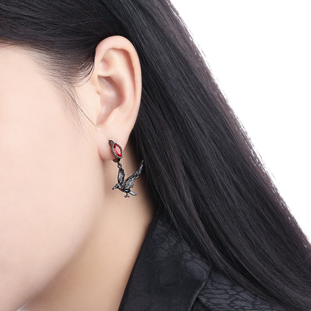 Goth Black Raven Hoop Earrings