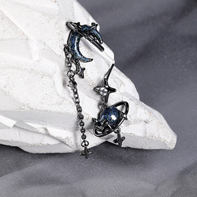 Goth Dark Sweet & Cool Star & Moon Asymmetric Stud Earrings