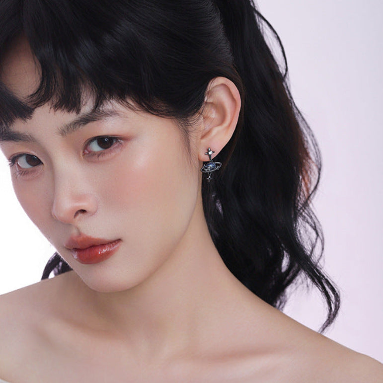 Goth Dark Sweet & Cool Star & Moon Asymmetric Stud Earrings