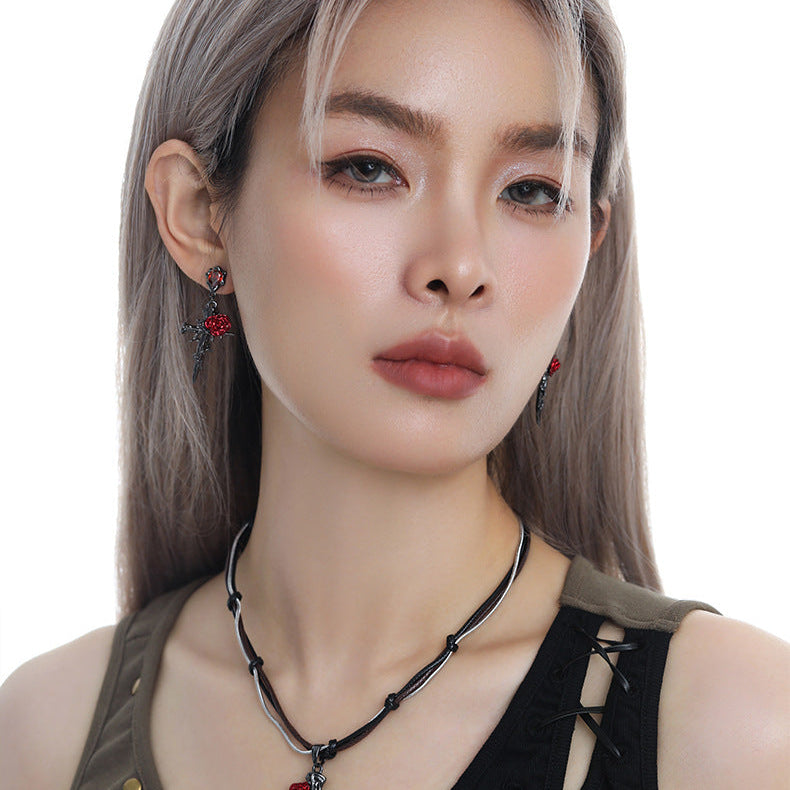 Gothic Style Red Rose & Cross Zircon Stud Earrings