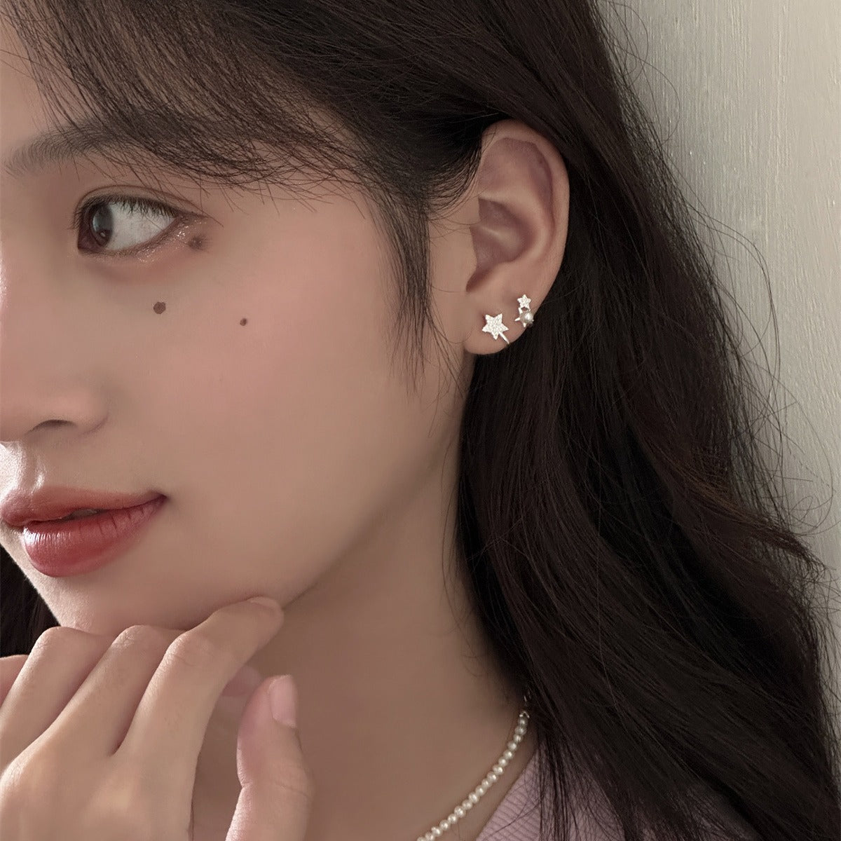 Sweet Shining Star & Pearl Stud Earrings