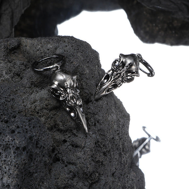Goth Dark Raven Skull Hoop Earrings