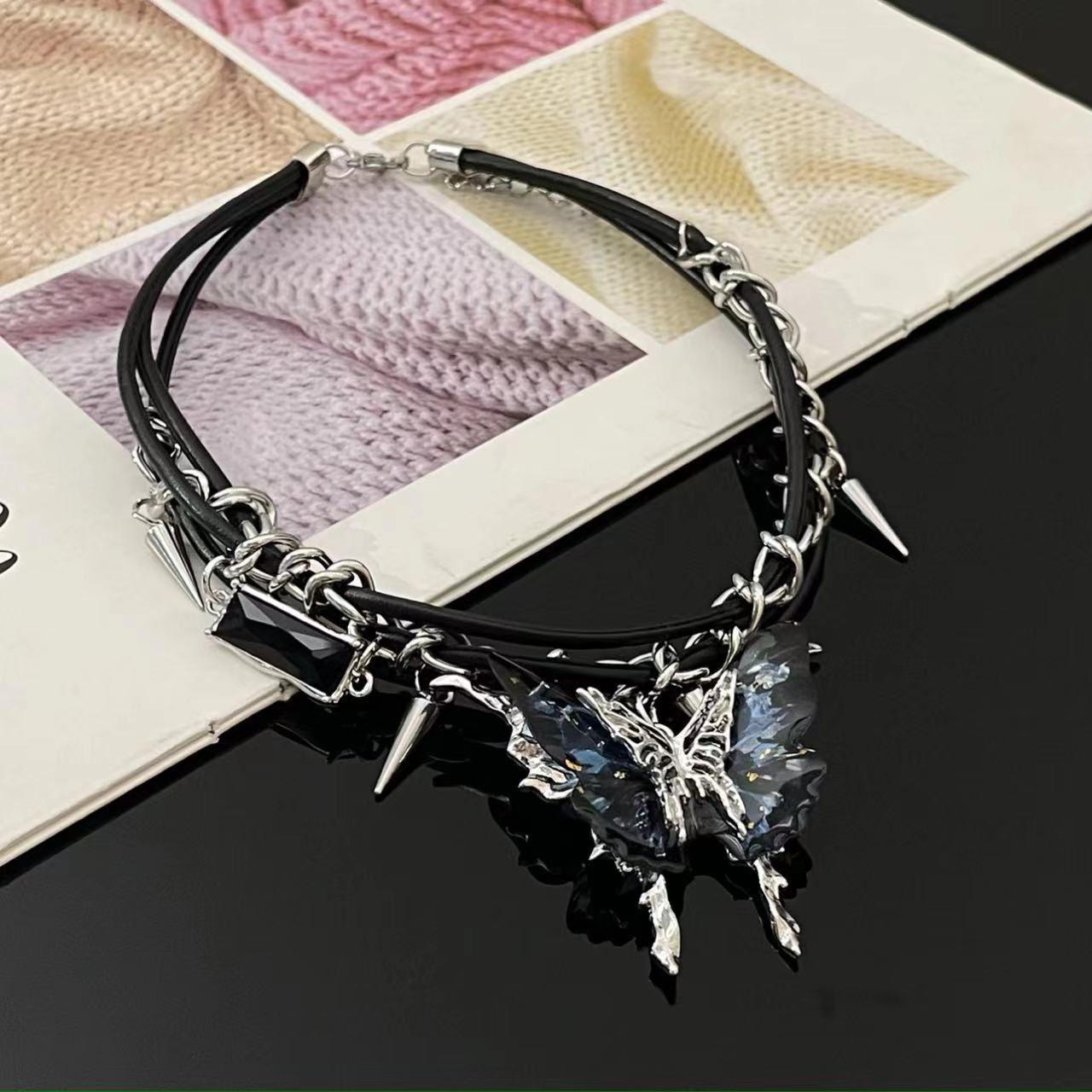 Y2K Chic Dark Butterfly Rivet Choker Necklace
