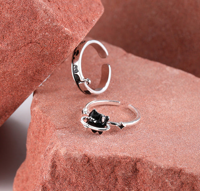 Cute Doodle Black Cat Couple Rings