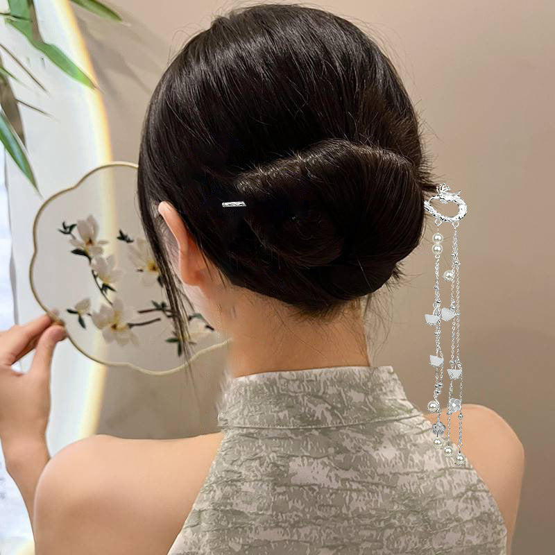 Ausgefallene silberne Haarnadel mit Phönix-Quaste für Damen