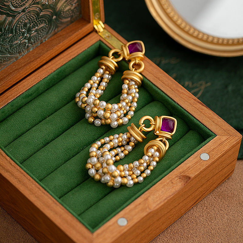 Vintage Women 18K Gold-Plated Beaded Tassel Earring
