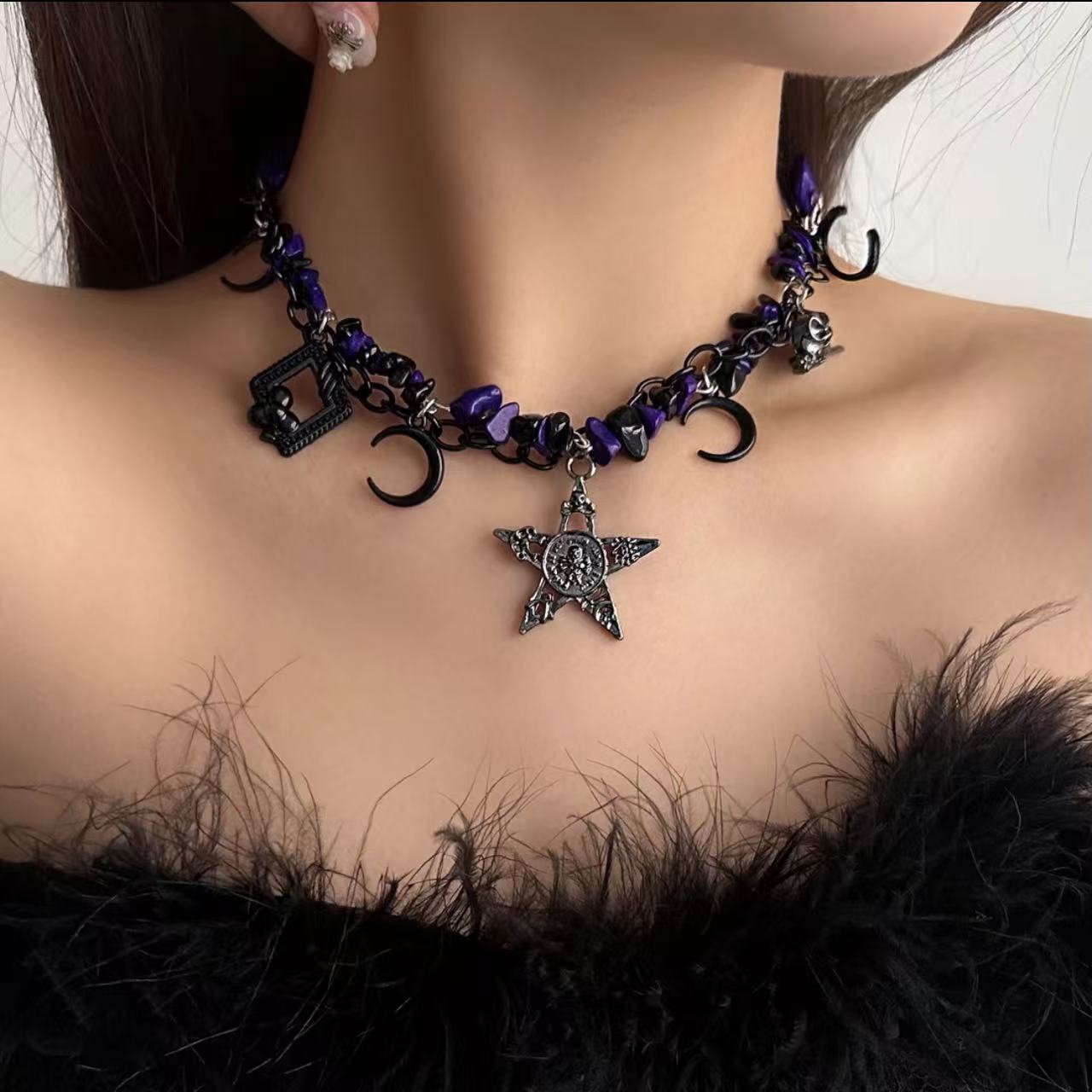 Goth Punk Purple Beads Star & Moon Choker Necklace