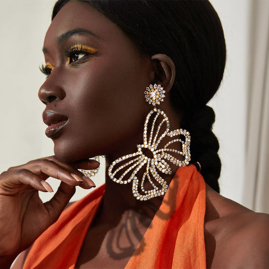 Vintage Designer Große Glänzende Schmetterling Strass Ohrringe