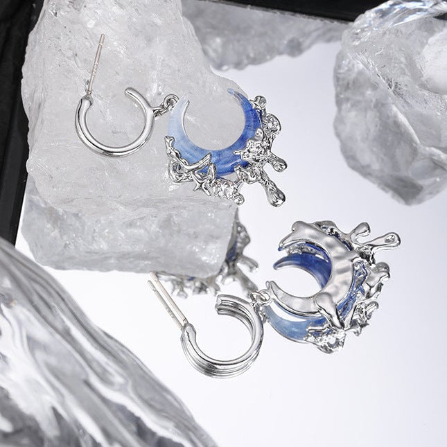 Y2K Blue Moon Rhinestone Dangle Earrings For Columbina