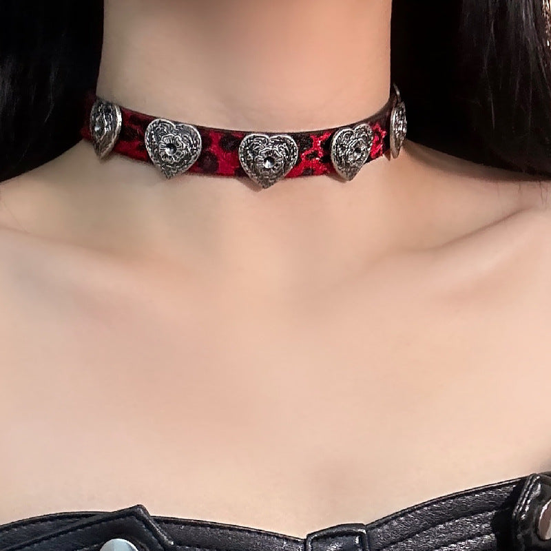 Punk Gothic Weinrot Leopardenmuster Herz/Kreuz Choker Halskette