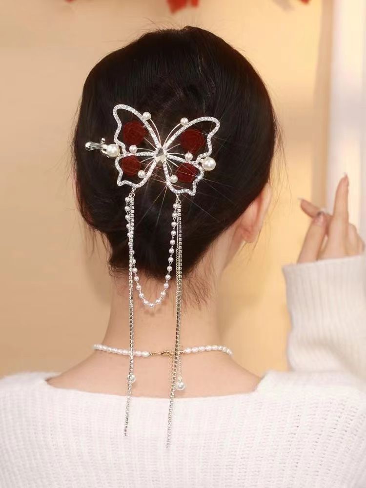 Designer-Haarnadel mit goldenem Schmetterling und roter Rose und Strassperlen