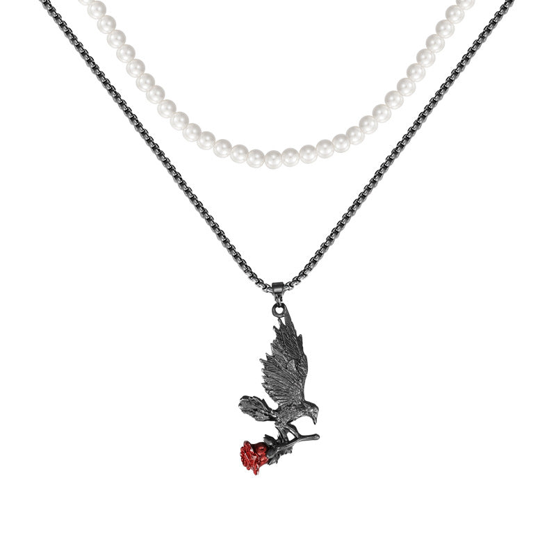 Elegant Gothic Raven Rose Pearl Beads Double Layer Necklace