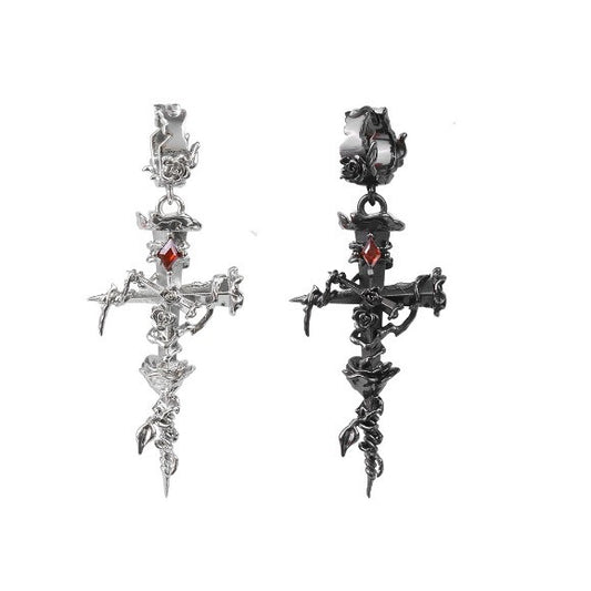 Goth Unisex Thorn Rose Cross Hoop Earrings