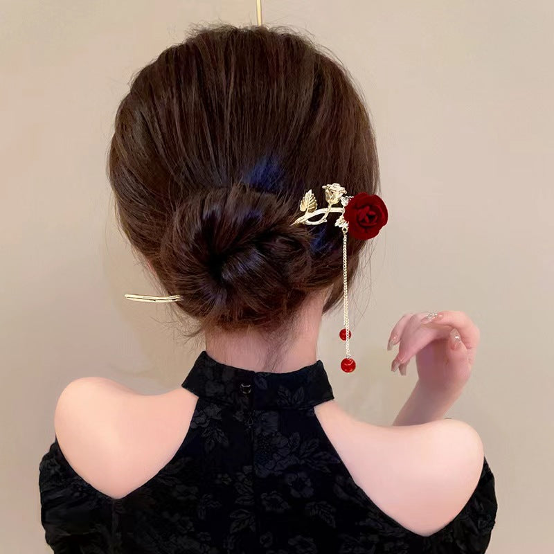 Vintage Red Rose Long Tassel Hairpin
