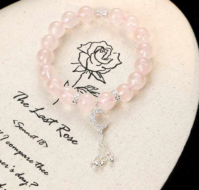 Sweet Pink Crystal Moon Fringe Beaded Bracelet