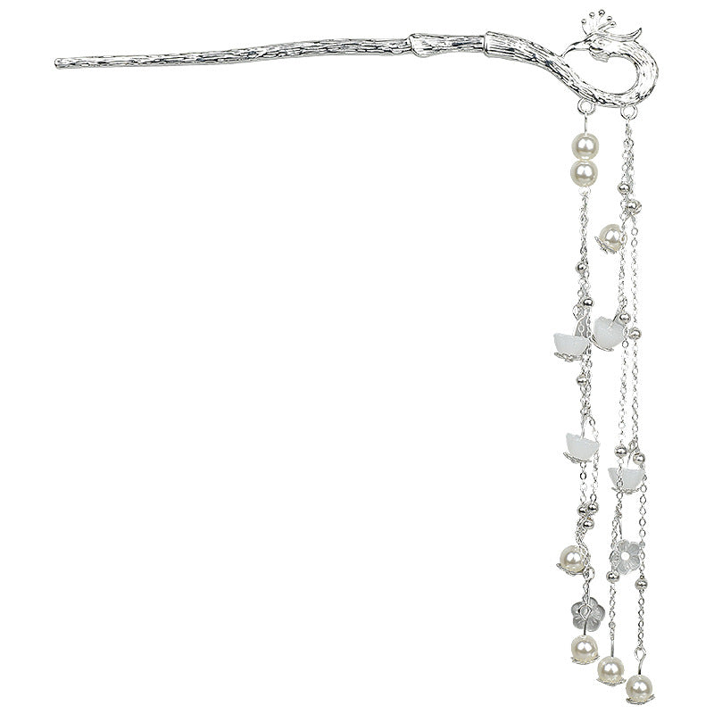 Ausgefallene silberne Haarnadel mit Phönix-Quaste für Damen